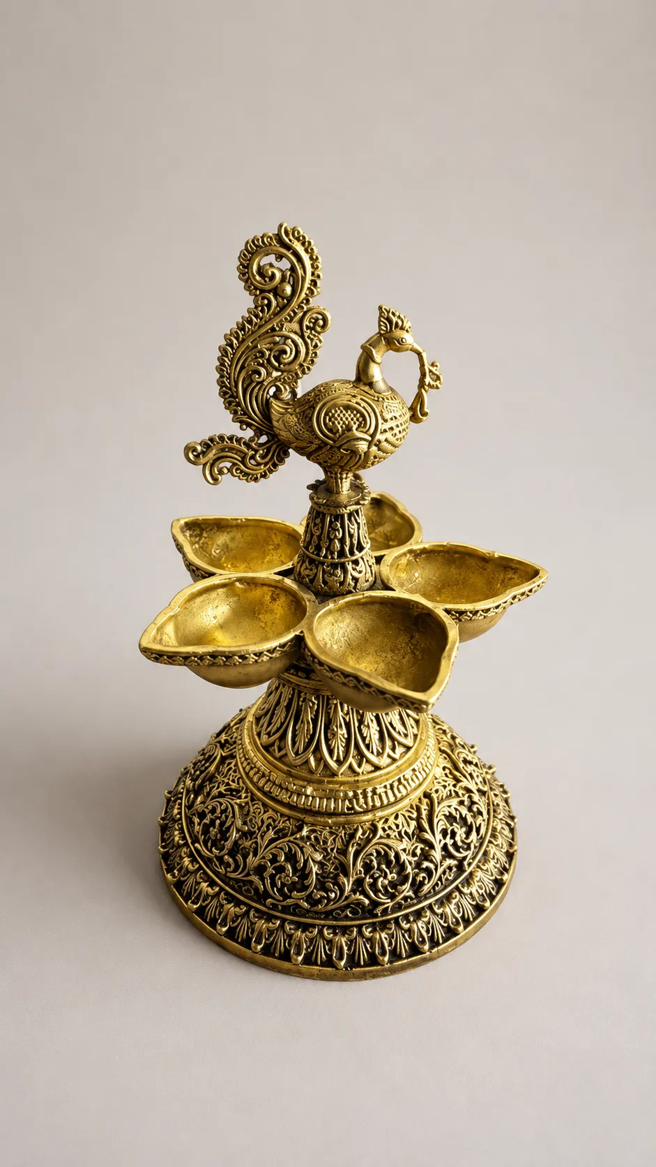 Brass Peacock Diya with 5 Oil Lamp Holders