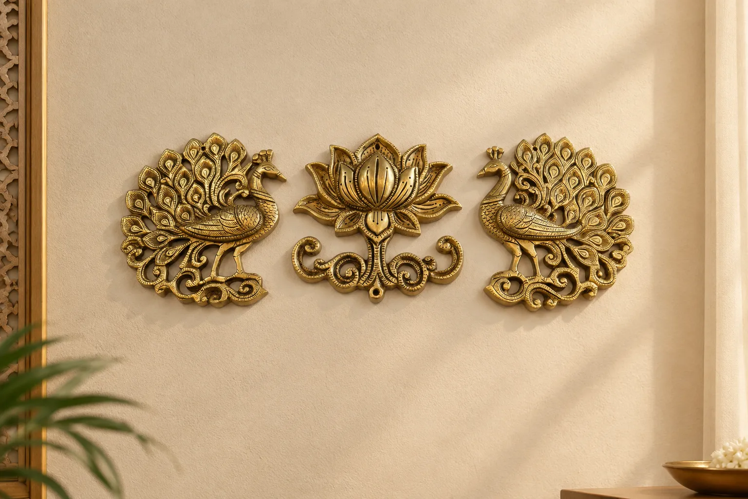 Brass Lotus & Peacock Wall Hanging Set