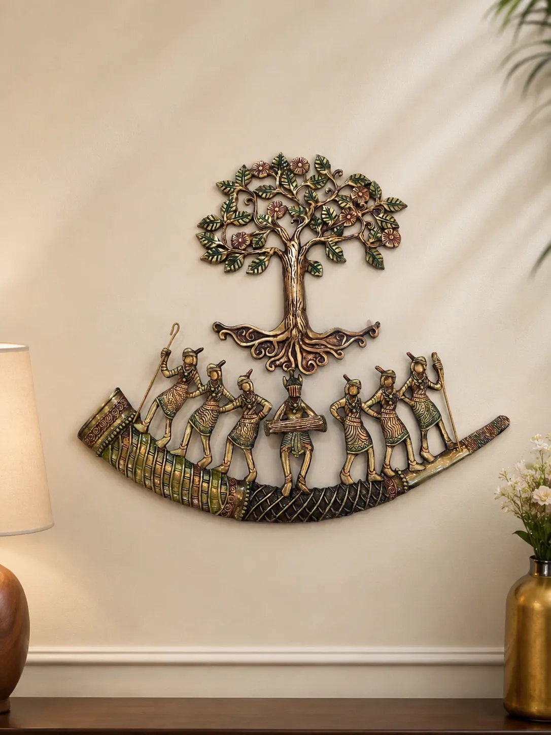 Brass Tribal Dancers Below a Tree Showpiece