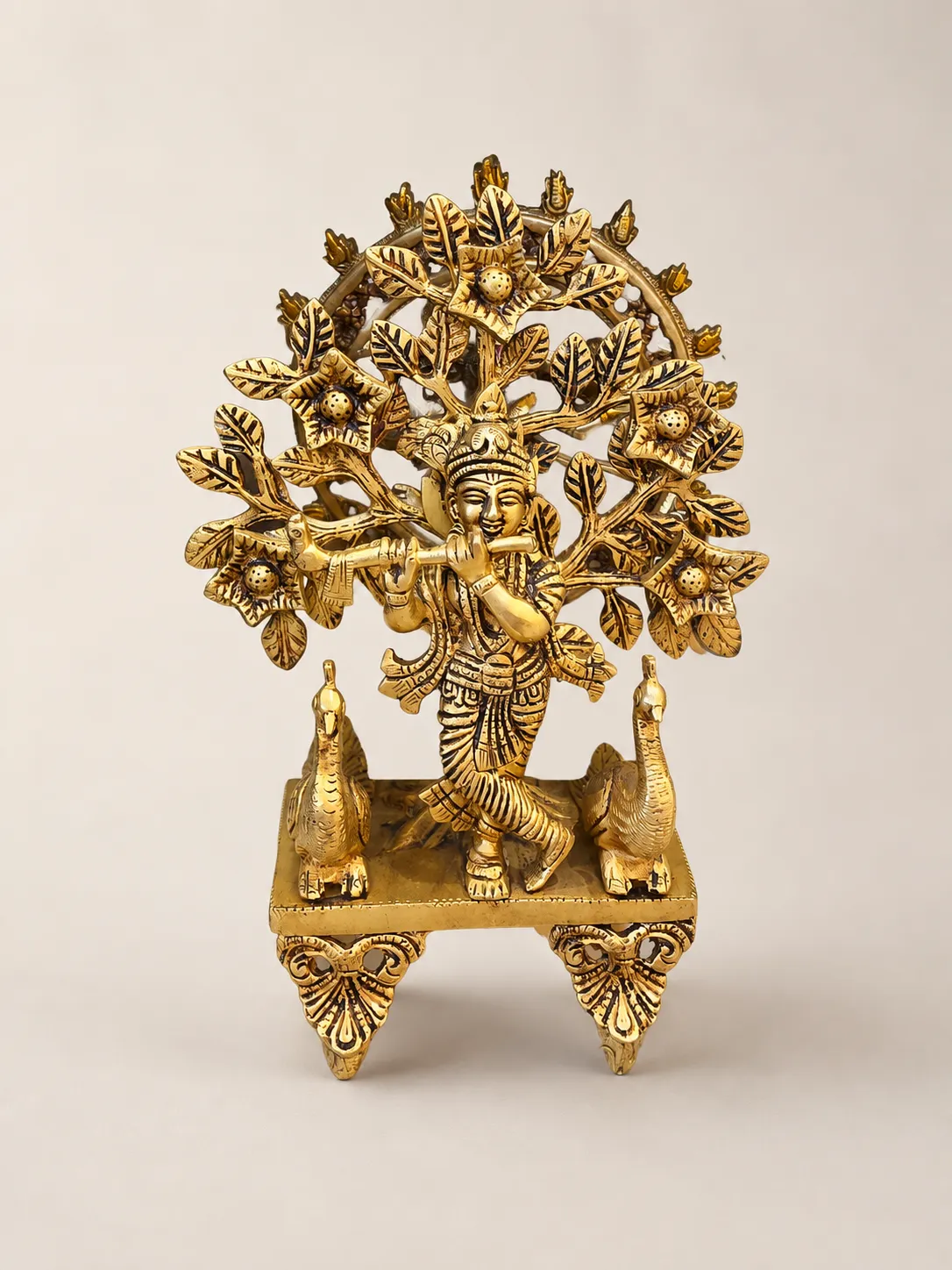 Brass Kanha Ji Idol with Peacock Pedestal