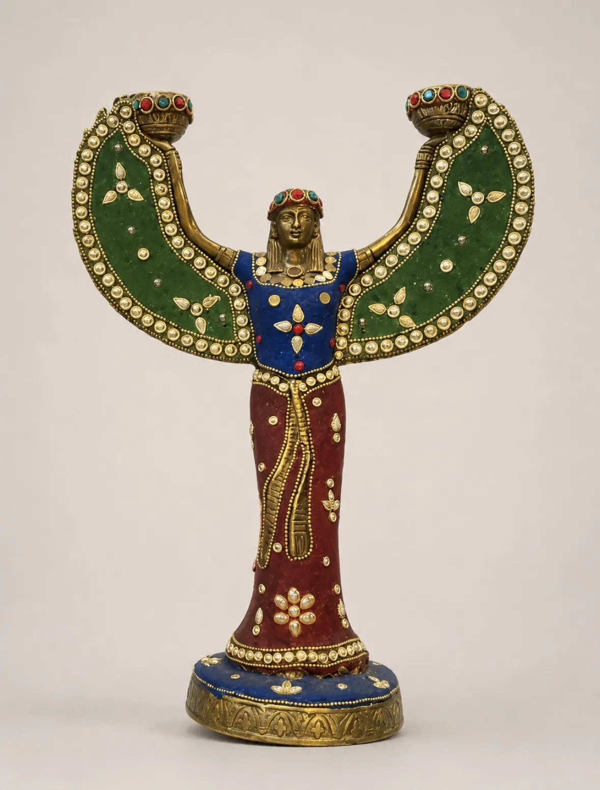 brass Egyptian Goddess Isis statue and dual candle holder